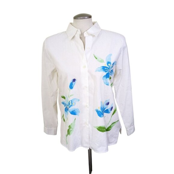 Womens L White Floral Beaded Blouse Button Up Tropical Flower Classic Cotton - Picture 1 of 5